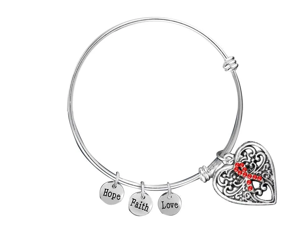 12 Red Ribbon Heart Retractable Charm Bracelets