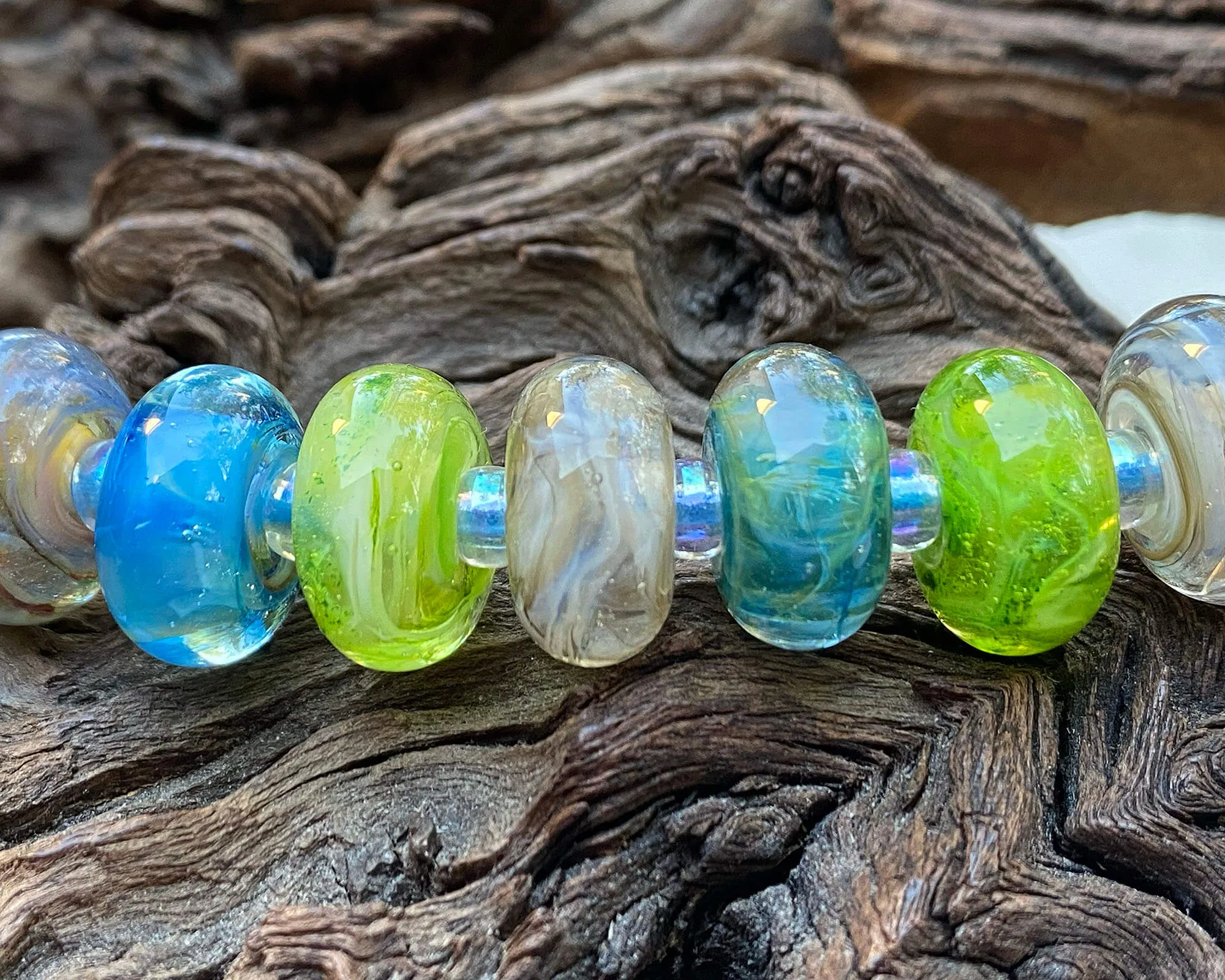 15 Bright Blue Green Swirls Lampwork Beads Set SRA