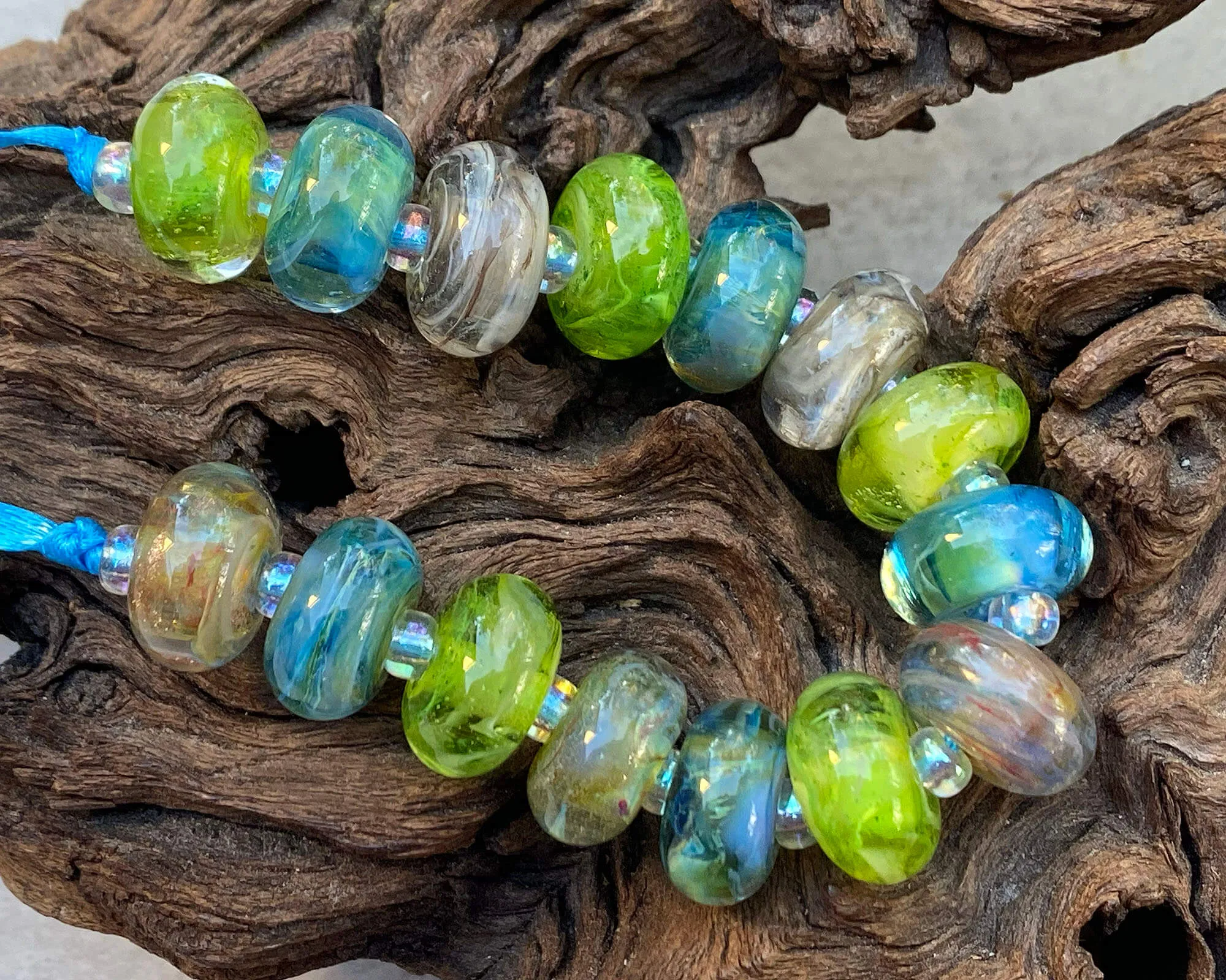 15 Bright Blue Green Swirls Lampwork Beads Set SRA
