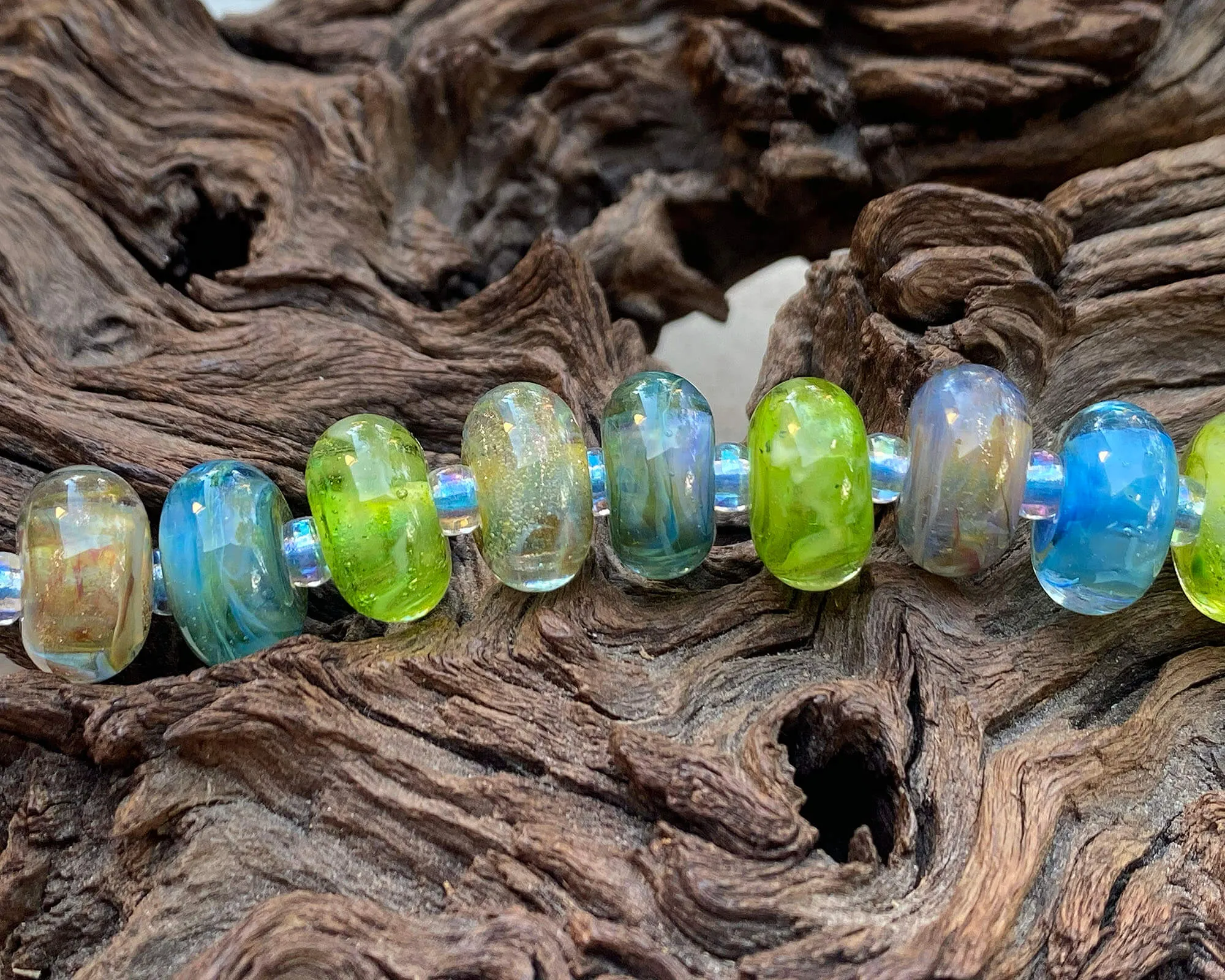 15 Bright Blue Green Swirls Lampwork Beads Set SRA