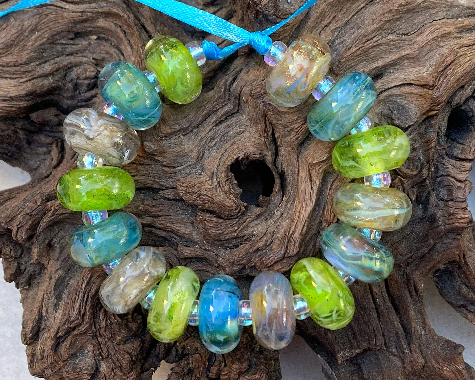 15 Bright Blue Green Swirls Lampwork Beads Set SRA