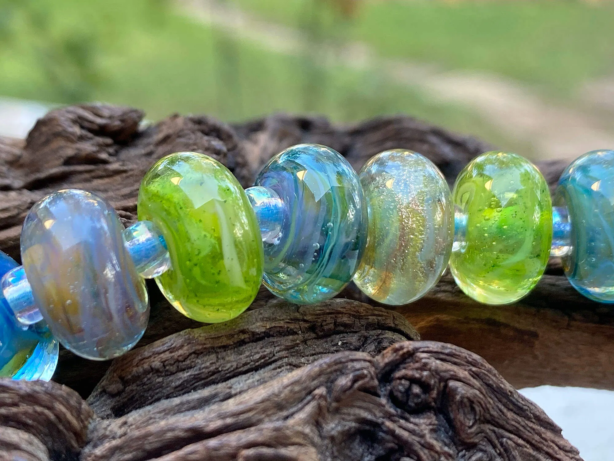 15 Bright Blue Green Swirls Lampwork Beads Set SRA