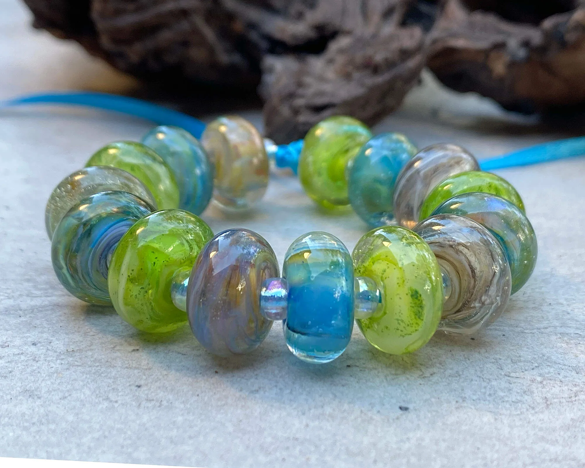 15 Bright Blue Green Swirls Lampwork Beads Set SRA
