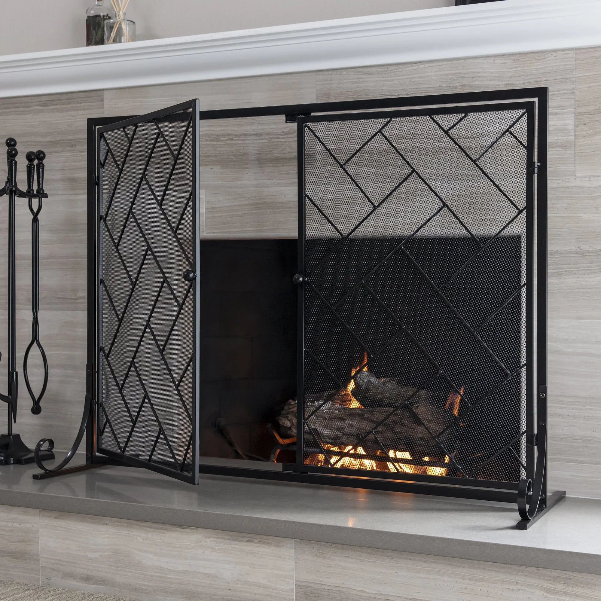 44x33in 2-Panel Wrought Iron Geometric Fireplace Screen w/ Magnetic Doors