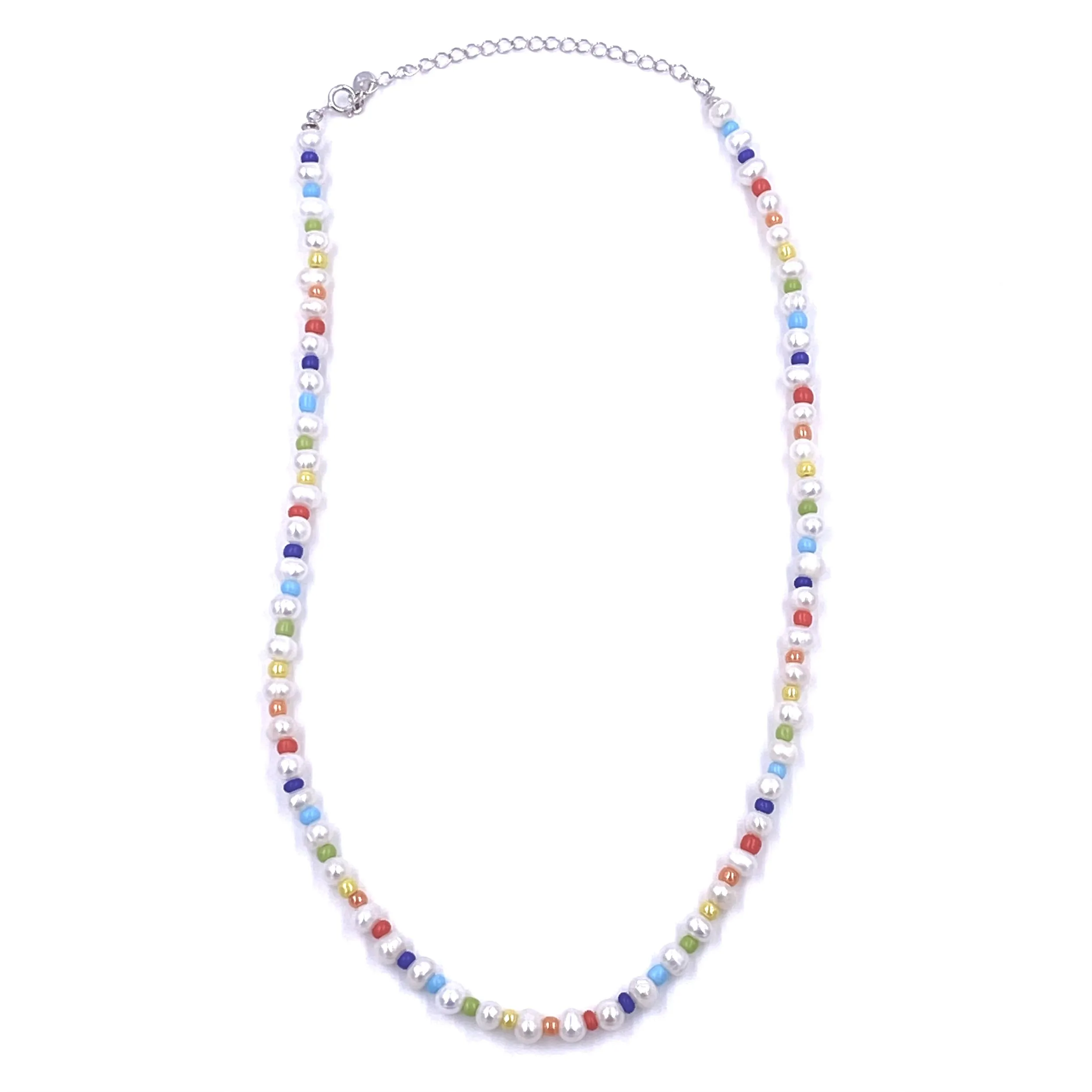 Ashley Gold Sterling Silver Colorful Enamel Bead And Freshwater Pearl Alternating Design Beaded Necklace