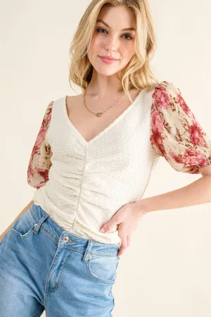 ATW15052 - Floral Printed Woven Sleeve Texture Knit Top
