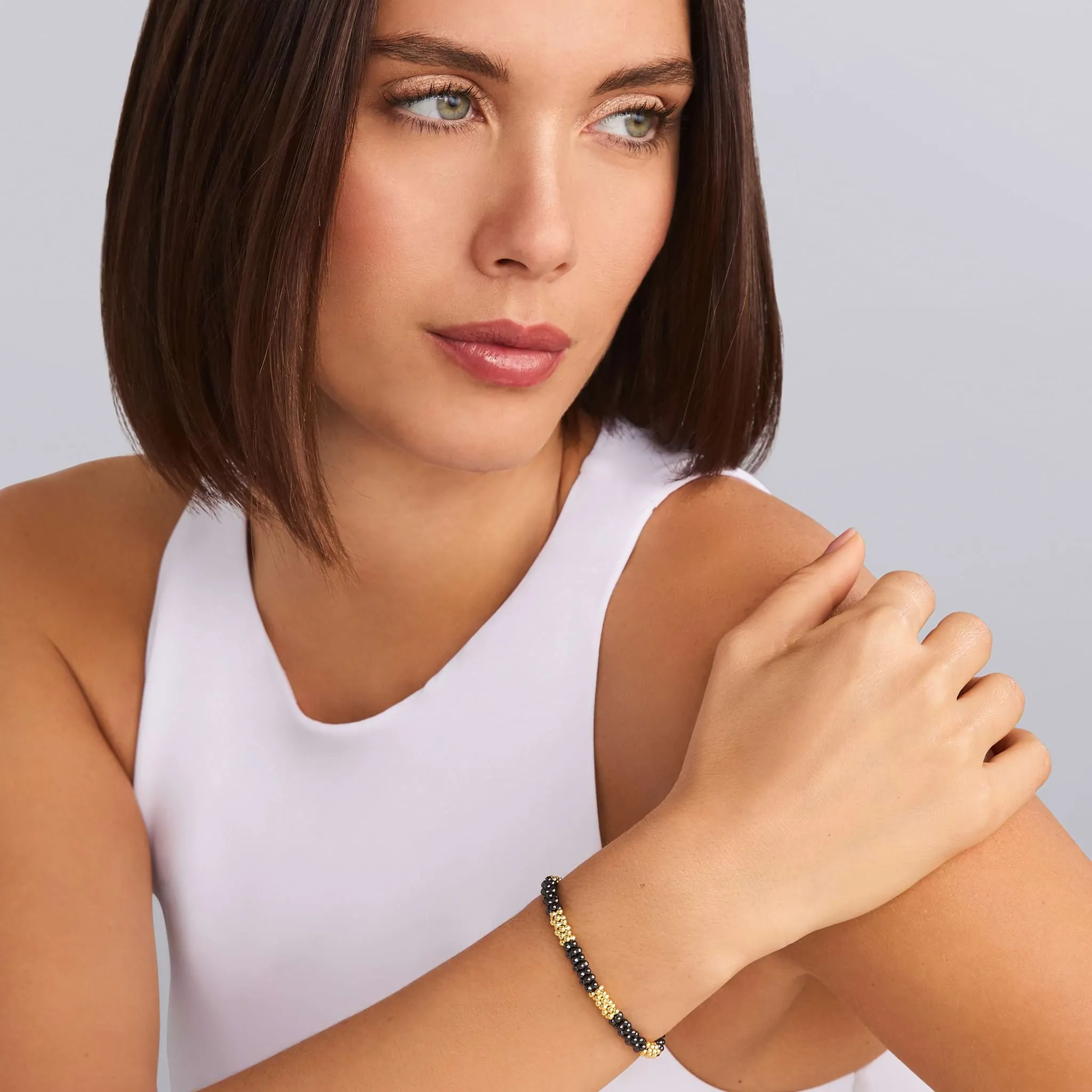 Black Caviar Five Large 18K Gold Station Ceramic Beaded Bracelet | 5mm