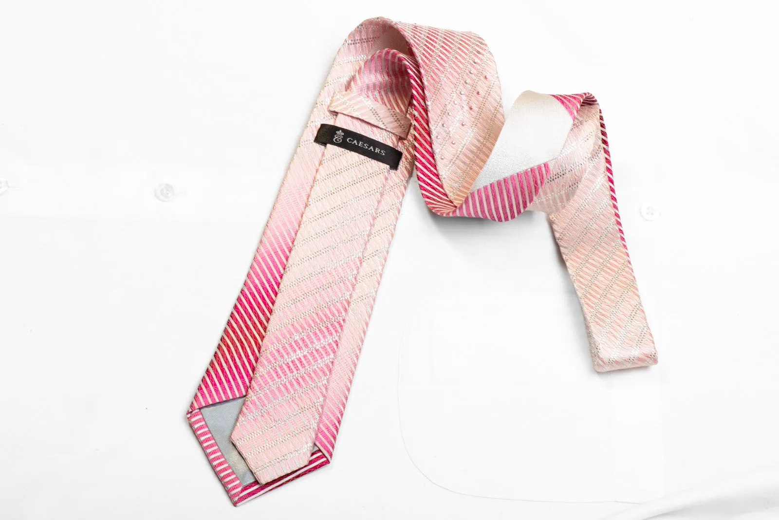 Caesars Pink Striped Rhinestone Silk Necktie With Sparkles