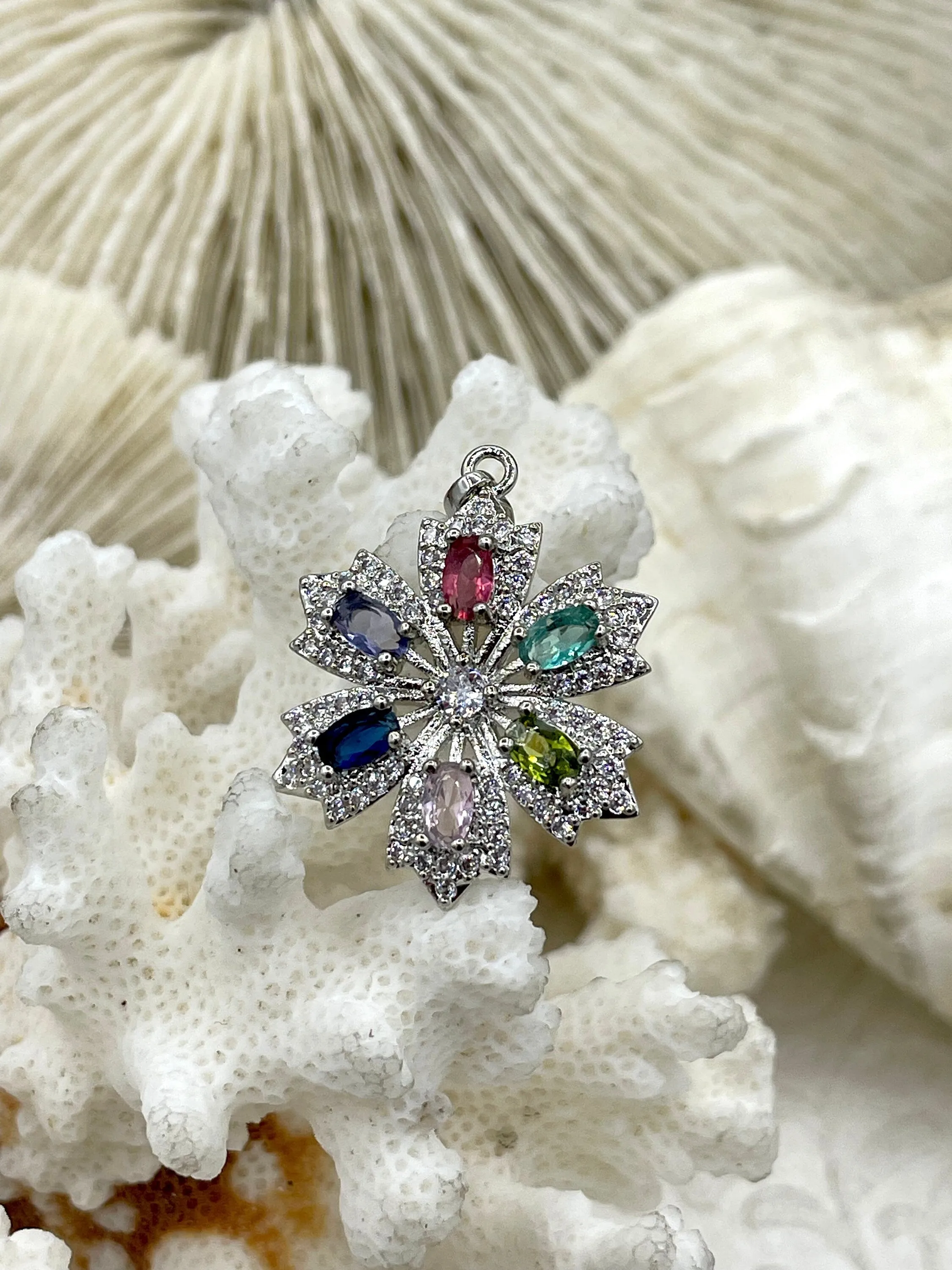CZ Micro PAVE Flower Shape Charms, Colorful Cubic Zirconia Flower Charms, Multicolor CZ Flower Charms, Gold or Silver Plated, Fast Ship