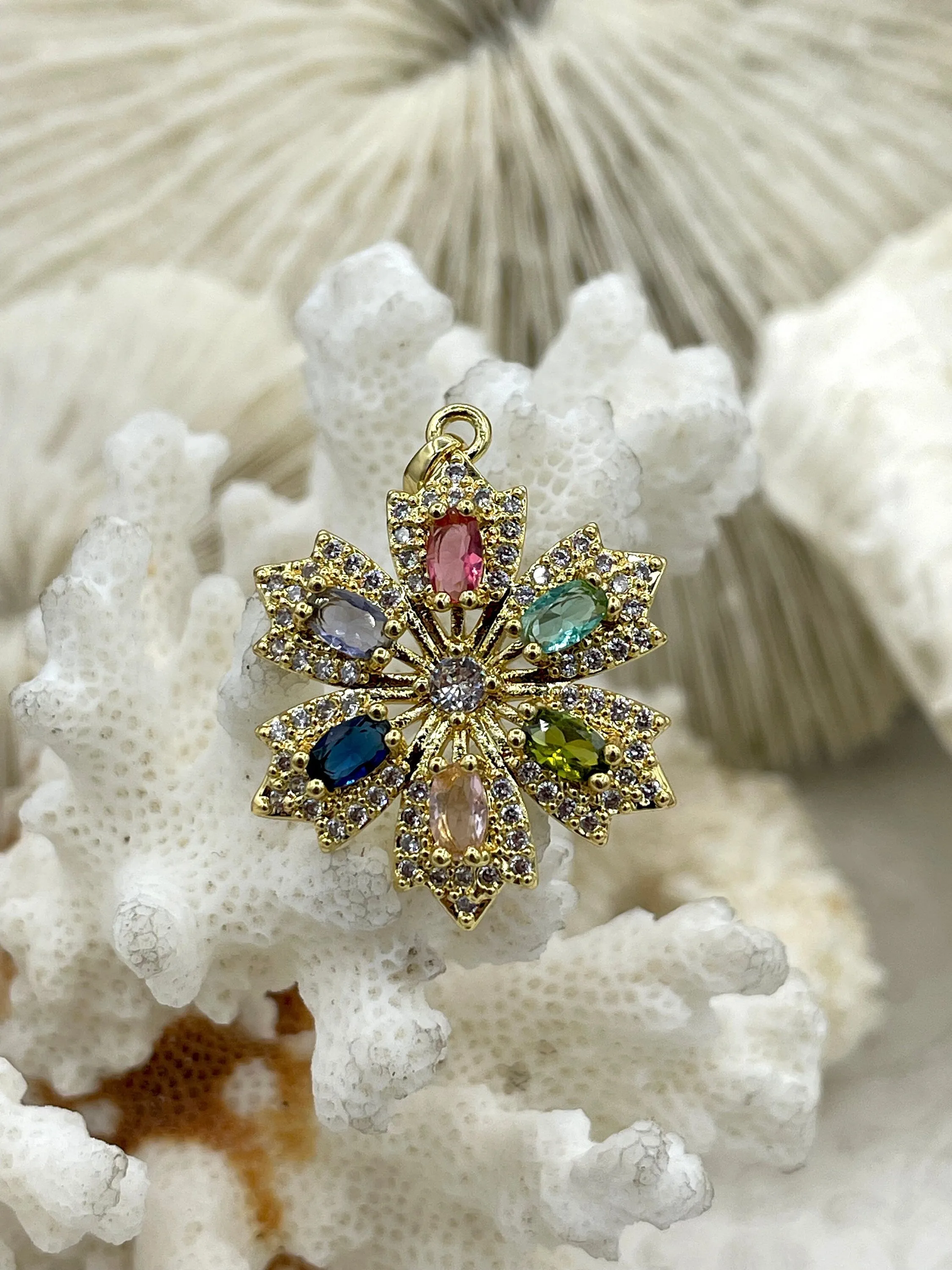 CZ Micro PAVE Flower Shape Charms, Colorful Cubic Zirconia Flower Charms, Multicolor CZ Flower Charms, Gold or Silver Plated, Fast Ship