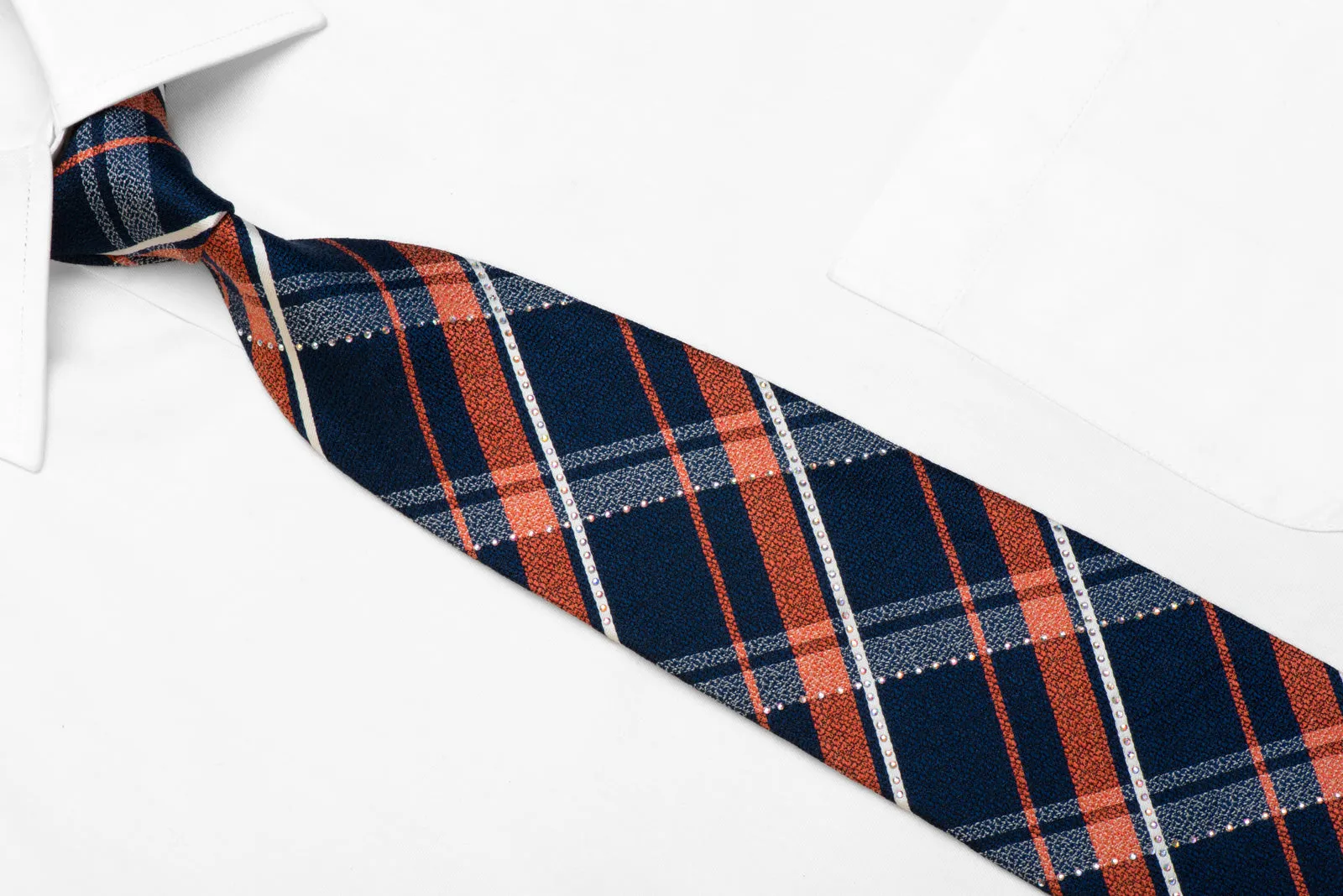 Daniel Hechter Rhinestone Silk Necktie Orange Navy Plaids