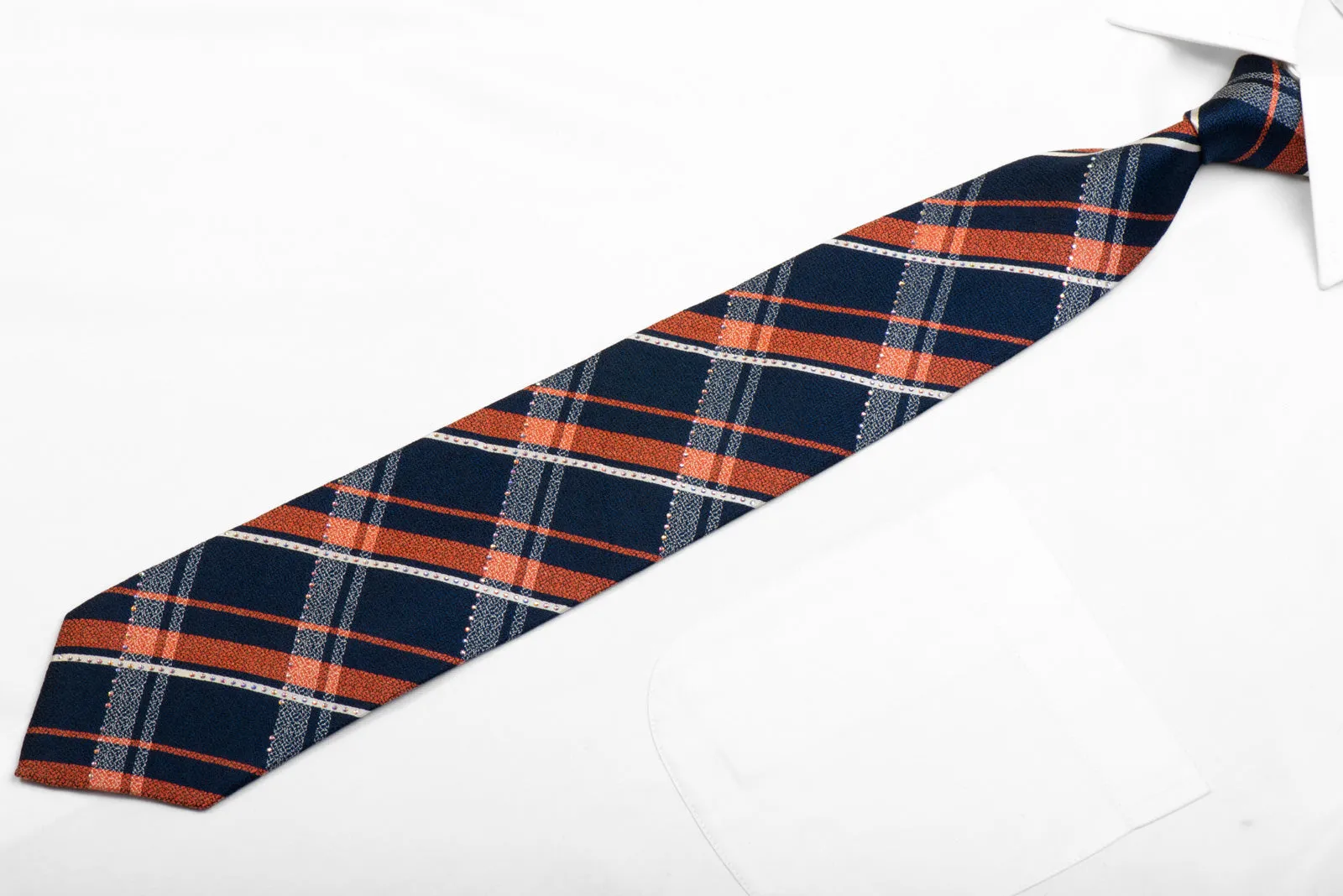 Daniel Hechter Rhinestone Silk Necktie Orange Navy Plaids