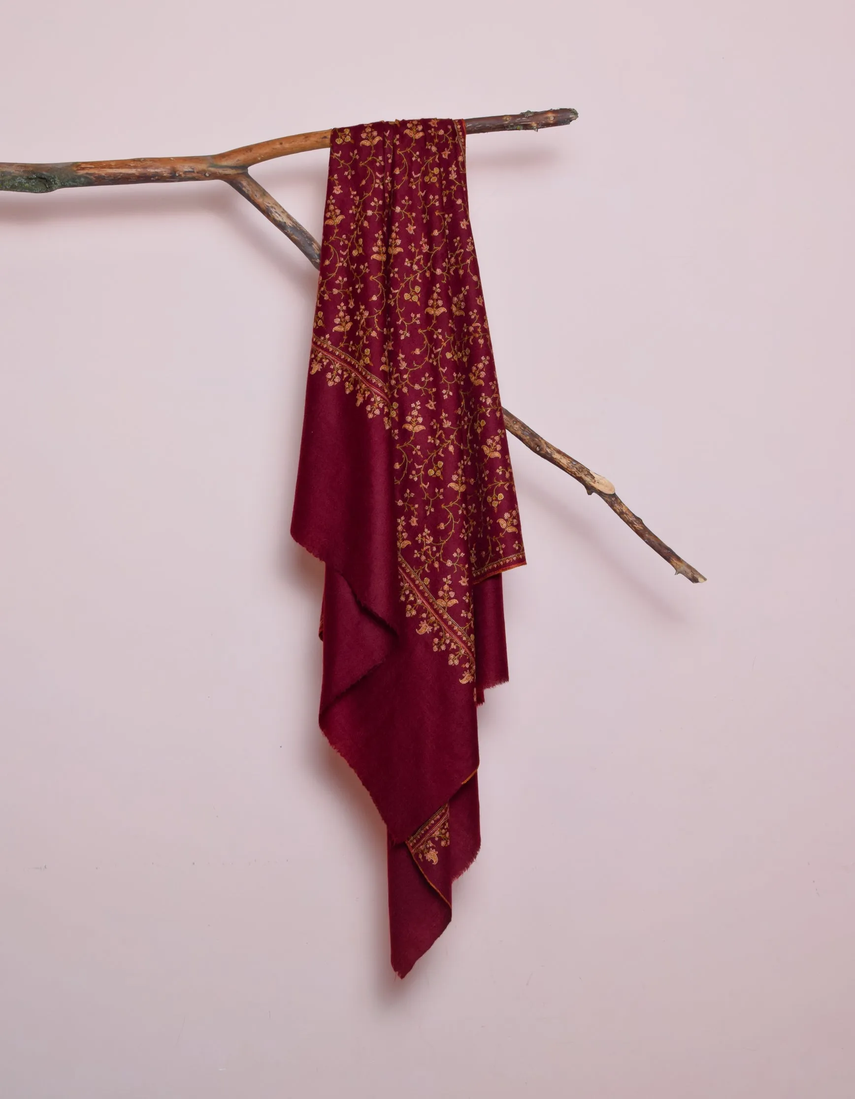 Deep Maroon Handwoven Sozni Jaali Embroidered Cashmere Pashmina Shawl