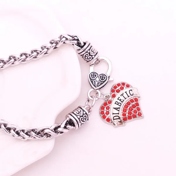 DIABETIC Bracelets DIY Crystal Heart Charm Bracelet Awareness Medical Alert Bracelet Gift