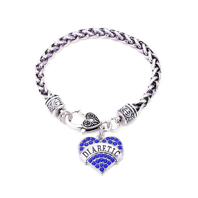 DIABETIC Bracelets DIY Crystal Heart Charm Bracelet Awareness Medical Alert Bracelet Gift
