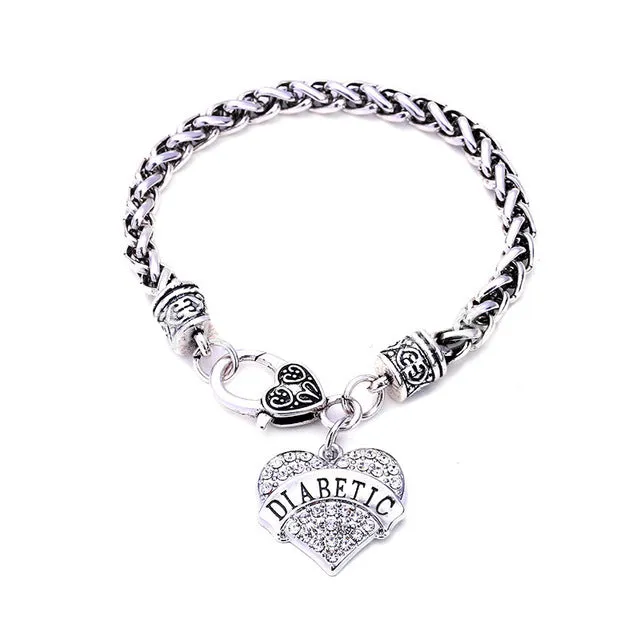 DIABETIC Bracelets DIY Crystal Heart Charm Bracelet Awareness Medical Alert Bracelet Gift