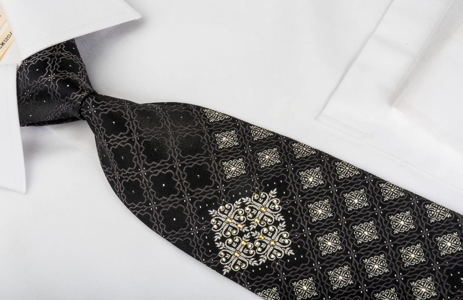 Elegance Silk Rhinestone Necktie Silver Cartouche On Black With Sparkles