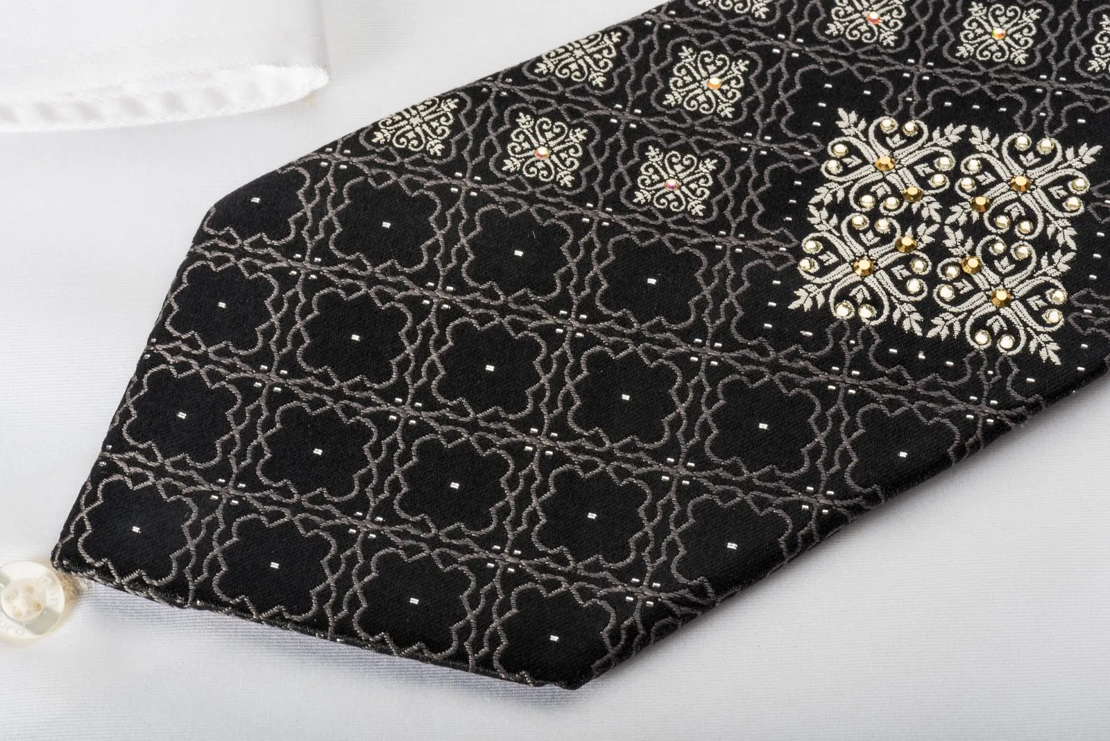 Elegance Silk Rhinestone Necktie Silver Cartouche On Black With Sparkles