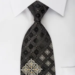 Elegance Silk Rhinestone Necktie Silver Cartouche On Black With Sparkles