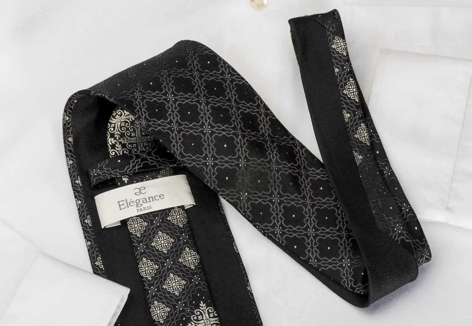 Elegance Silk Rhinestone Necktie Silver Cartouche On Black With Sparkles
