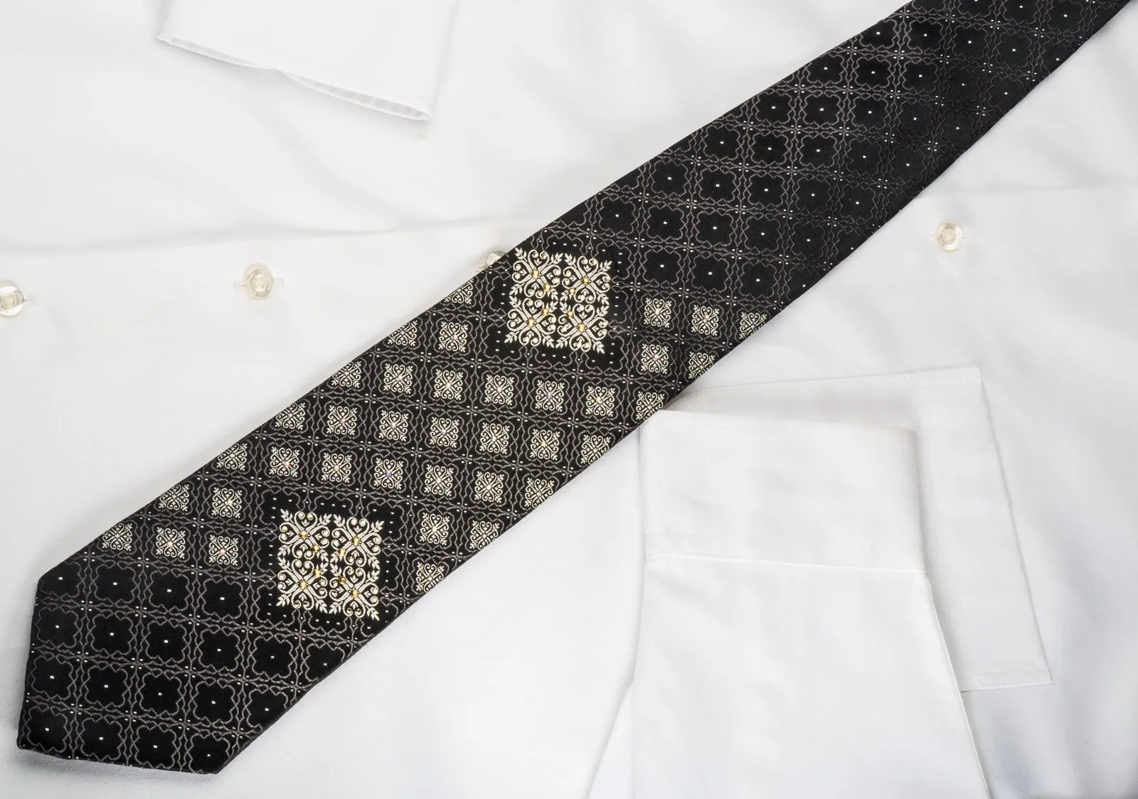Elegance Silk Rhinestone Necktie Silver Cartouche On Black With Sparkles
