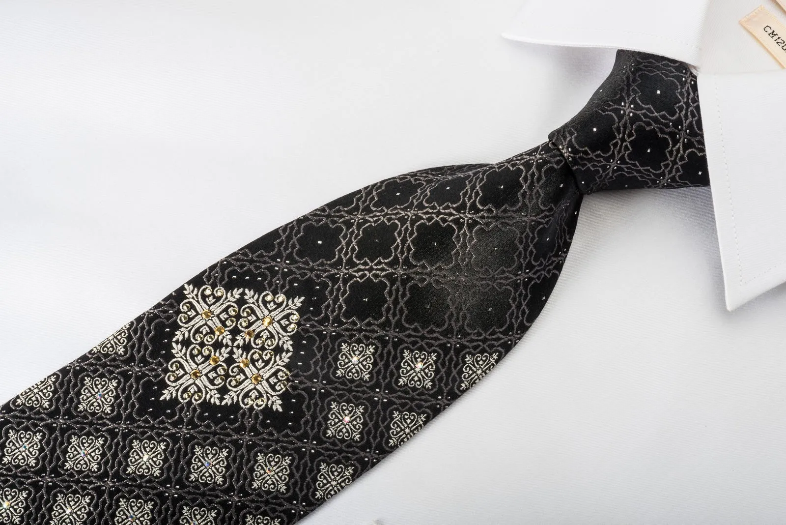 Elegance Silk Rhinestone Necktie Silver Cartouche On Black With Sparkles