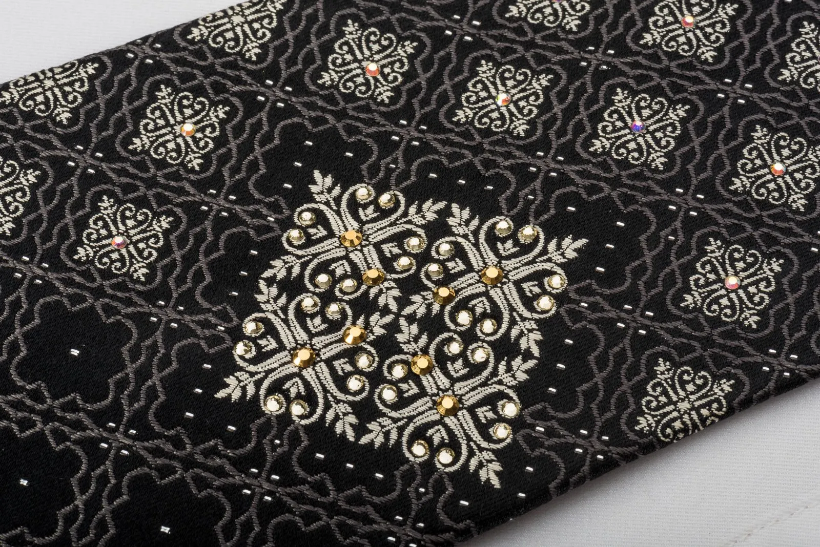Elegance Silk Rhinestone Necktie Silver Cartouche On Black With Sparkles