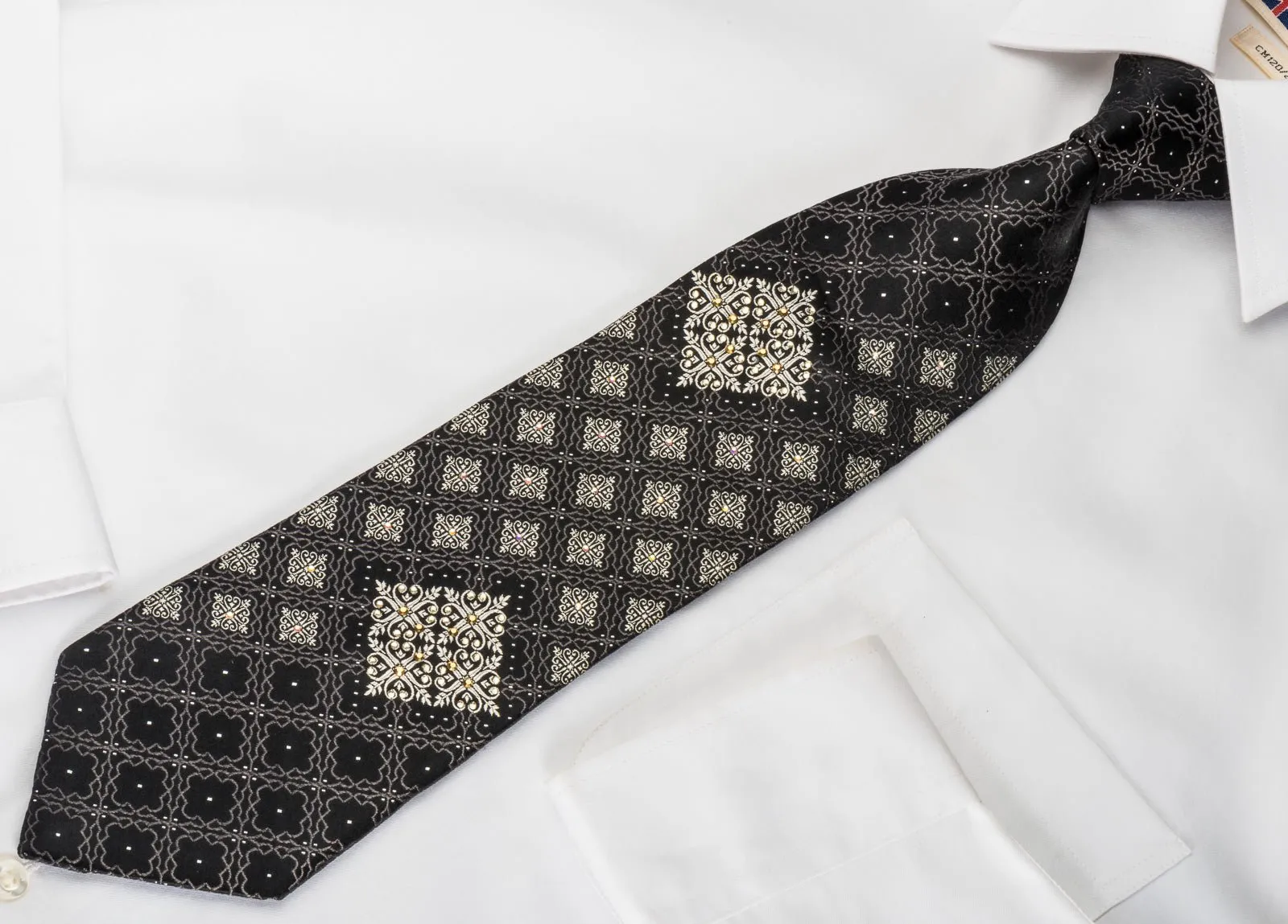 Elegance Silk Rhinestone Necktie Silver Cartouche On Black With Sparkles