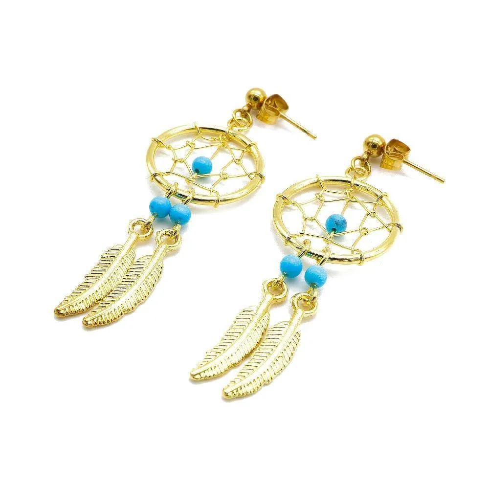 Gold Plated Dreamcatcher with Feather Drop Earrings