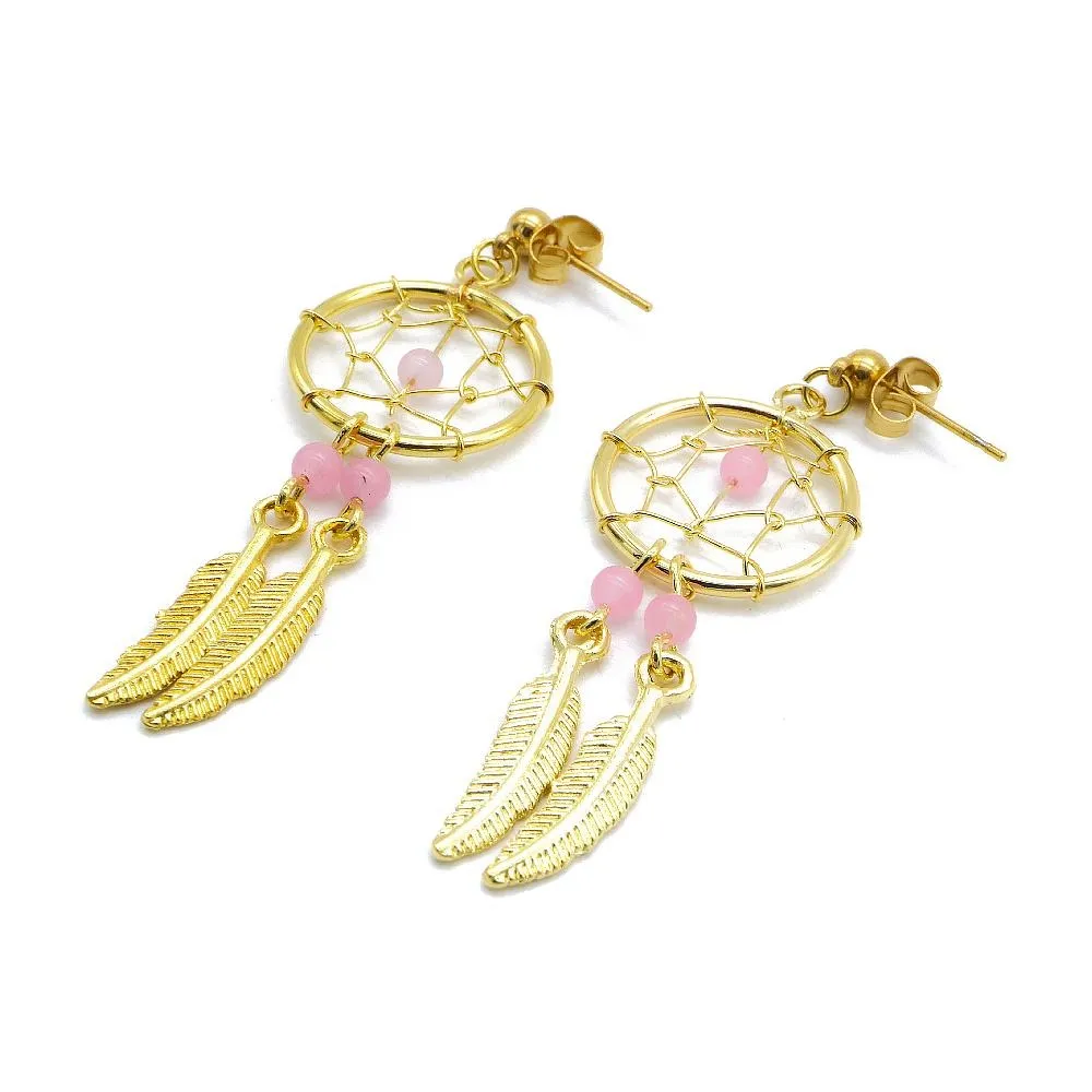 Gold Plated Dreamcatcher with Feather Drop Earrings