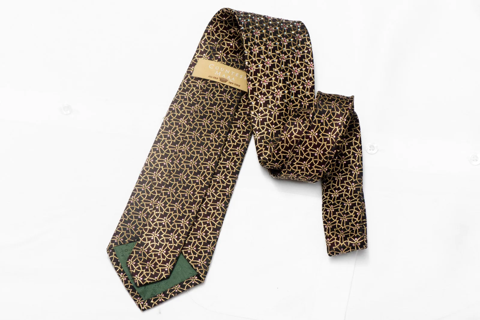Gold Trellis On Black Silk Rhinestone Tie With Gold Sparkles