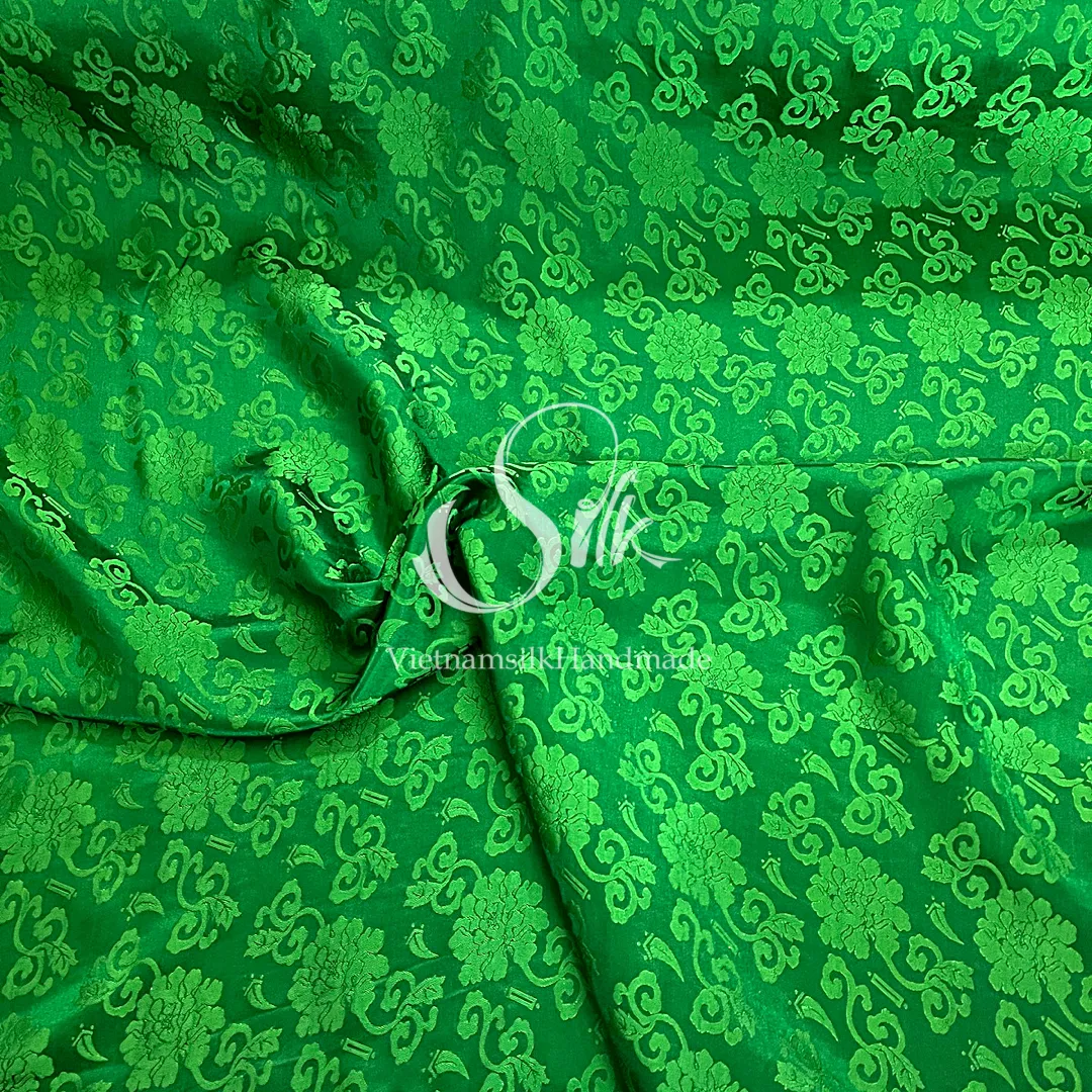 Green Silk with Flowers - PURE MULBERRY SILK fabric by the yard -  Floral Silk -Luxury Silk - Natural silk - Handmade in VietNam- Silk with Design