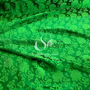 Green Silk with Flowers - PURE MULBERRY SILK fabric by the yard -  Floral Silk -Luxury Silk - Natural silk - Handmade in VietNam- Silk with Design