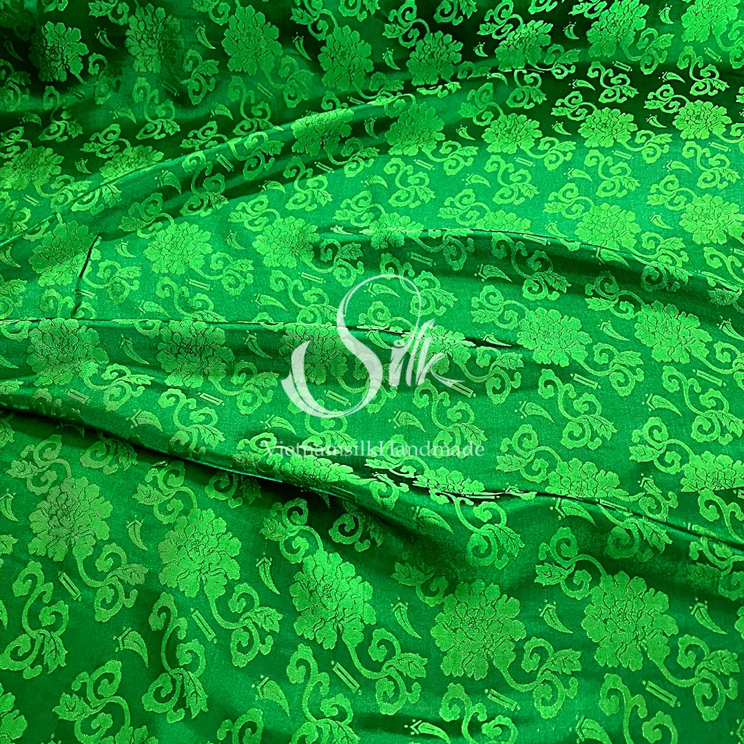 Green Silk with Flowers - PURE MULBERRY SILK fabric by the yard -  Floral Silk -Luxury Silk - Natural silk - Handmade in VietNam- Silk with Design