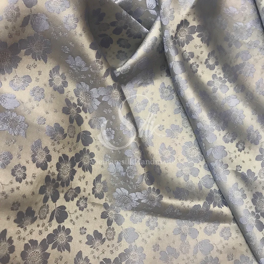 Light Grey silk with flowers - PURE MULBERRY SILK fabric by the yard - Harbor Grey silk with flowers - Floral Silk -Luxury Silk - Natural silk - Handmade in VietNam
