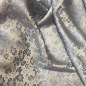 Light Grey silk with flowers - PURE MULBERRY SILK fabric by the yard - Harbor Grey silk with flowers - Floral Silk -Luxury Silk - Natural silk - Handmade in VietNam