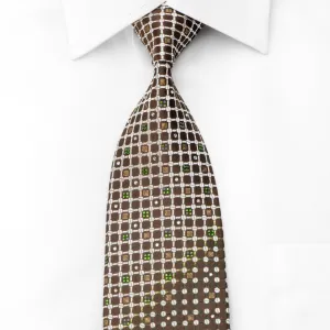 Louis Quatorze Men's Crystal Tie Geometric Trellis Dots On Brown Silk With Gold Sparkles