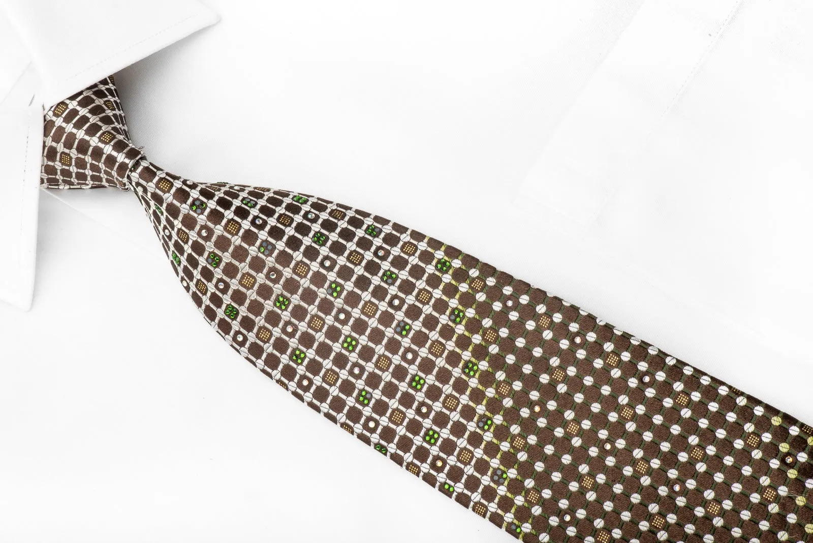 Louis Quatorze Men's Crystal Tie Geometric Trellis Dots On Brown Silk With Gold Sparkles