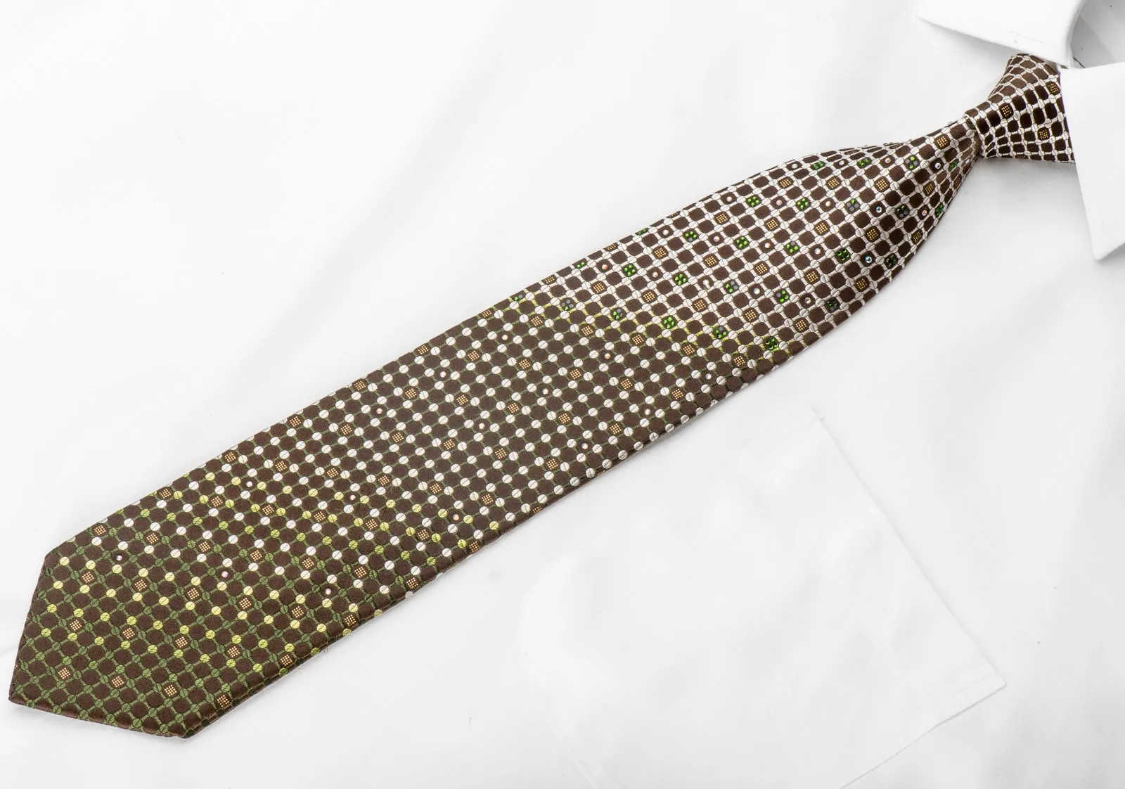Louis Quatorze Men's Crystal Tie Geometric Trellis Dots On Brown Silk With Gold Sparkles