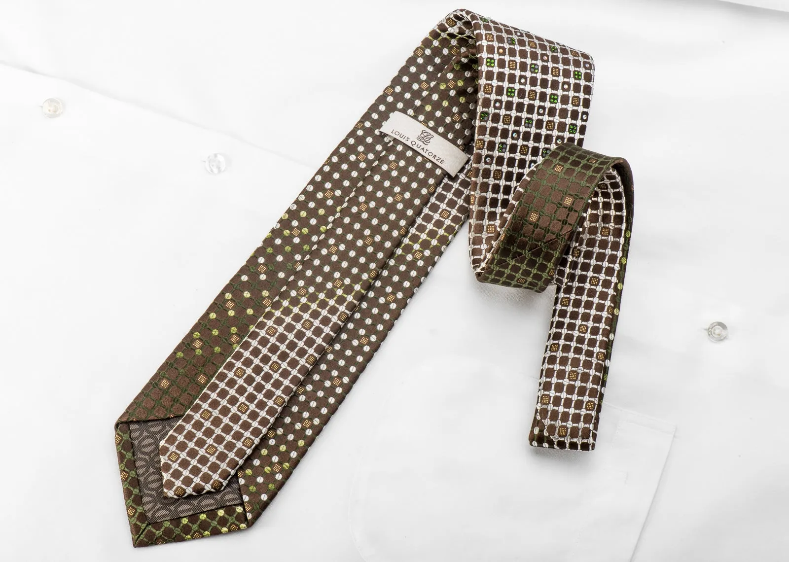 Louis Quatorze Men's Crystal Tie Geometric Trellis Dots On Brown Silk With Gold Sparkles