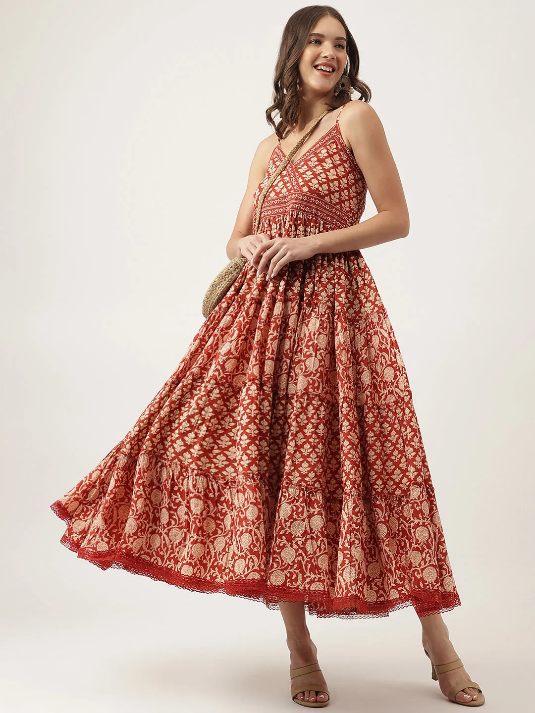 Maroon Floral Printed Cotton Tiered Dress