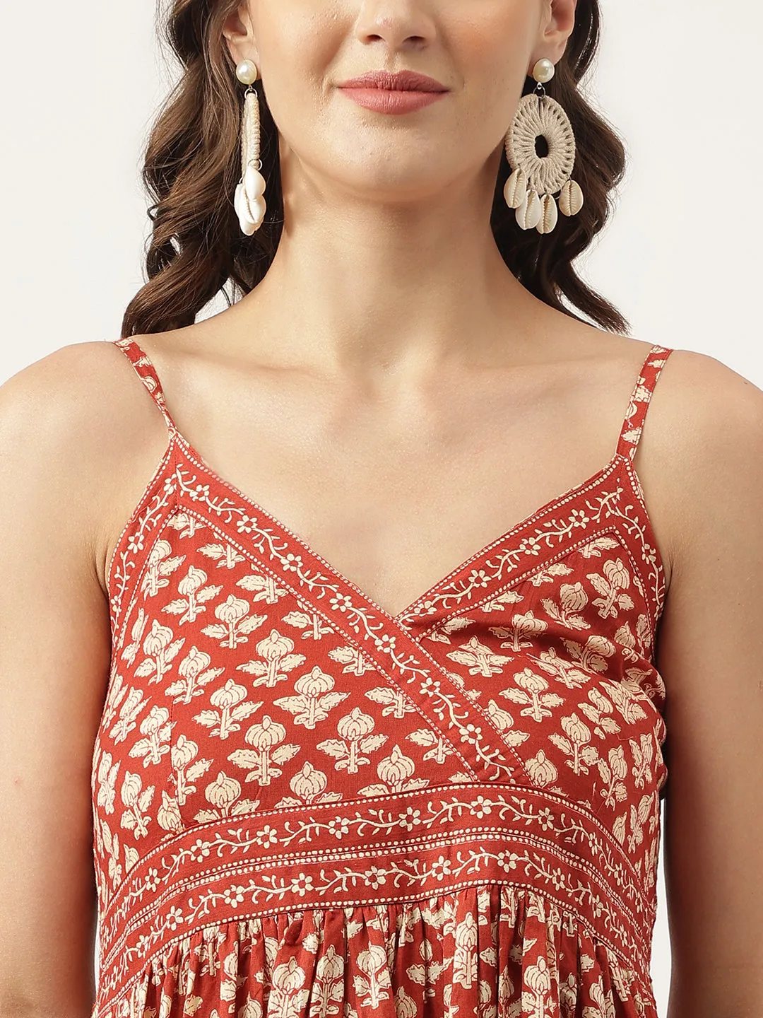 Maroon Floral Printed Cotton Tiered Dress