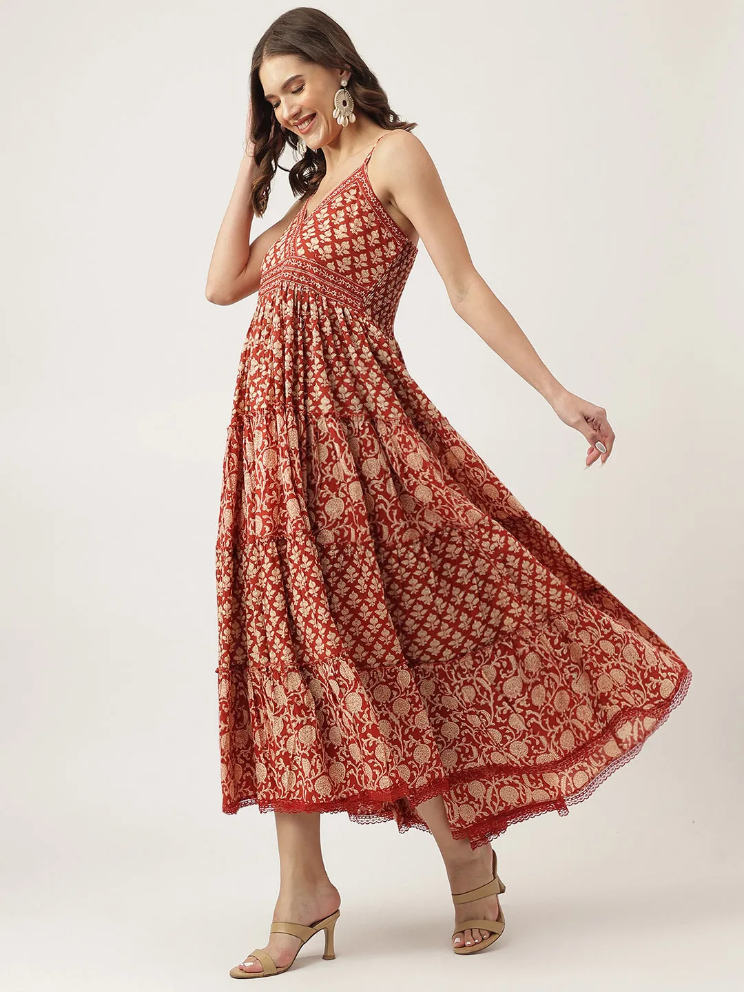Maroon Floral Printed Cotton Tiered Dress