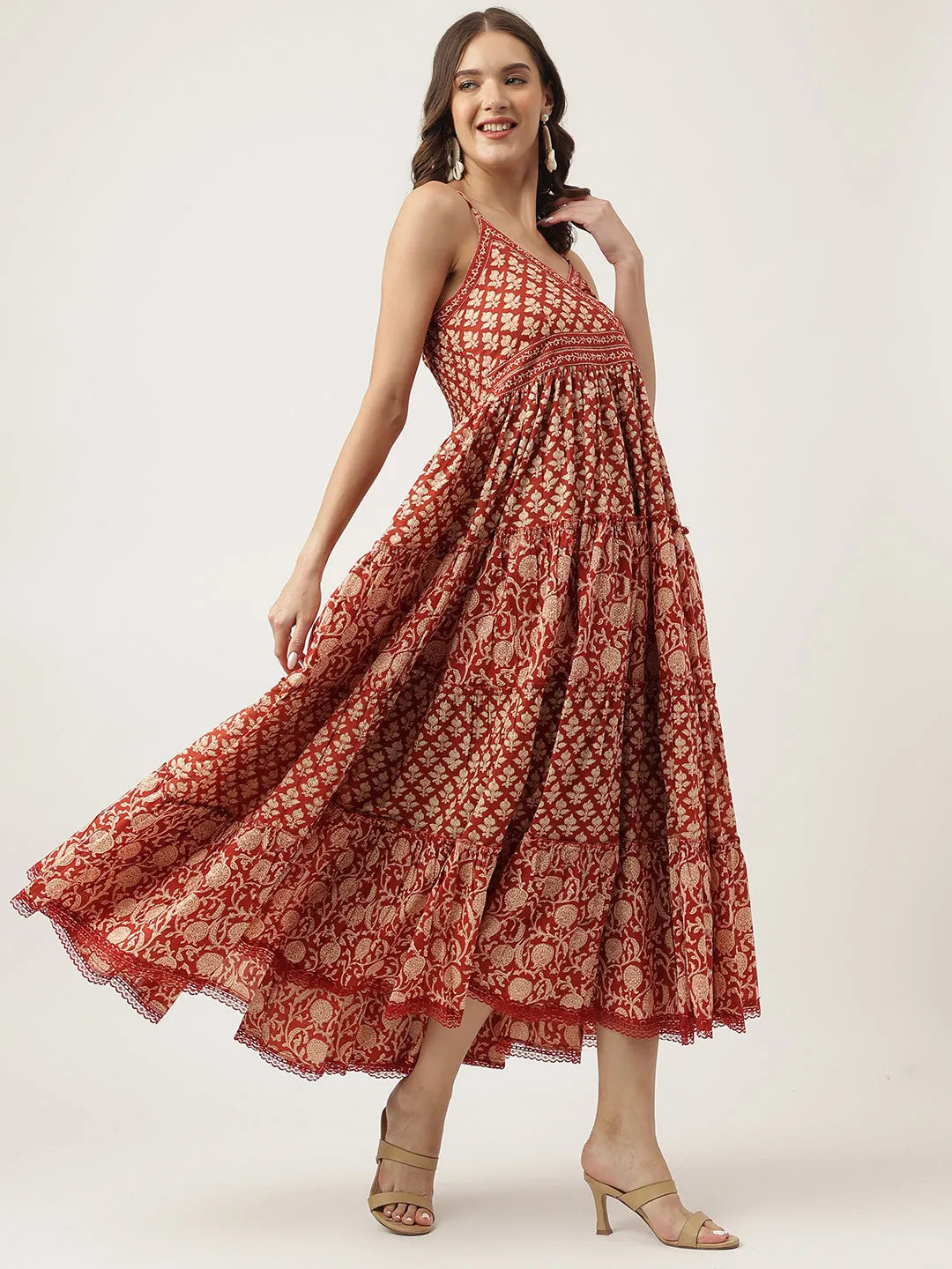 Maroon Floral Printed Cotton Tiered Dress