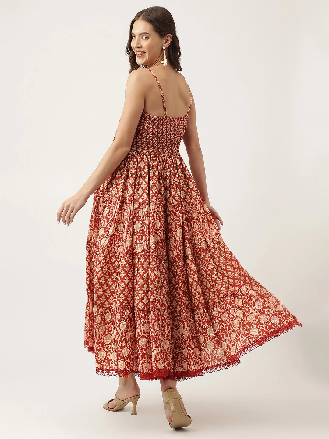 Maroon Floral Printed Cotton Tiered Dress