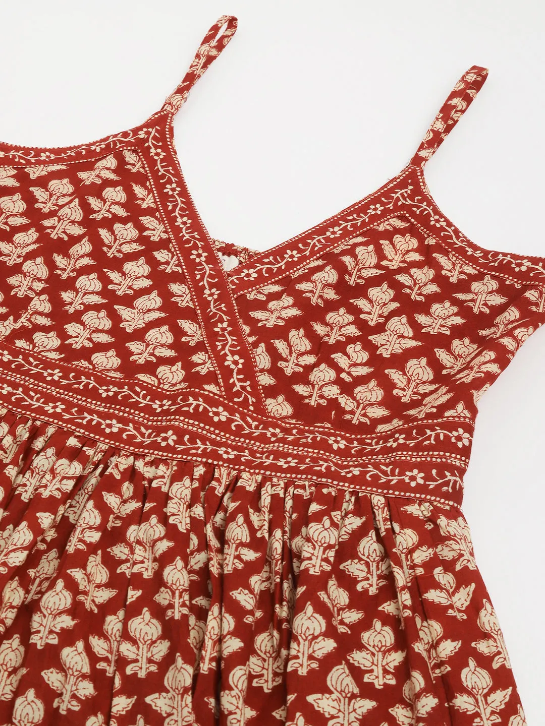 Maroon Floral Printed Cotton Tiered Dress
