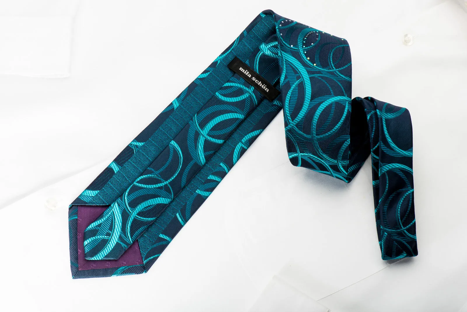 Mila Schon Silk Tie Ovals On Turquoise With Rhinestones