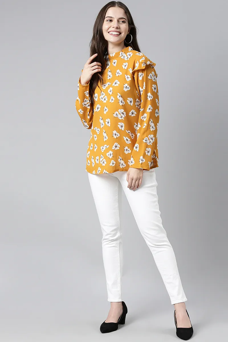 Mustard Georgette Floral Printed Regular Top