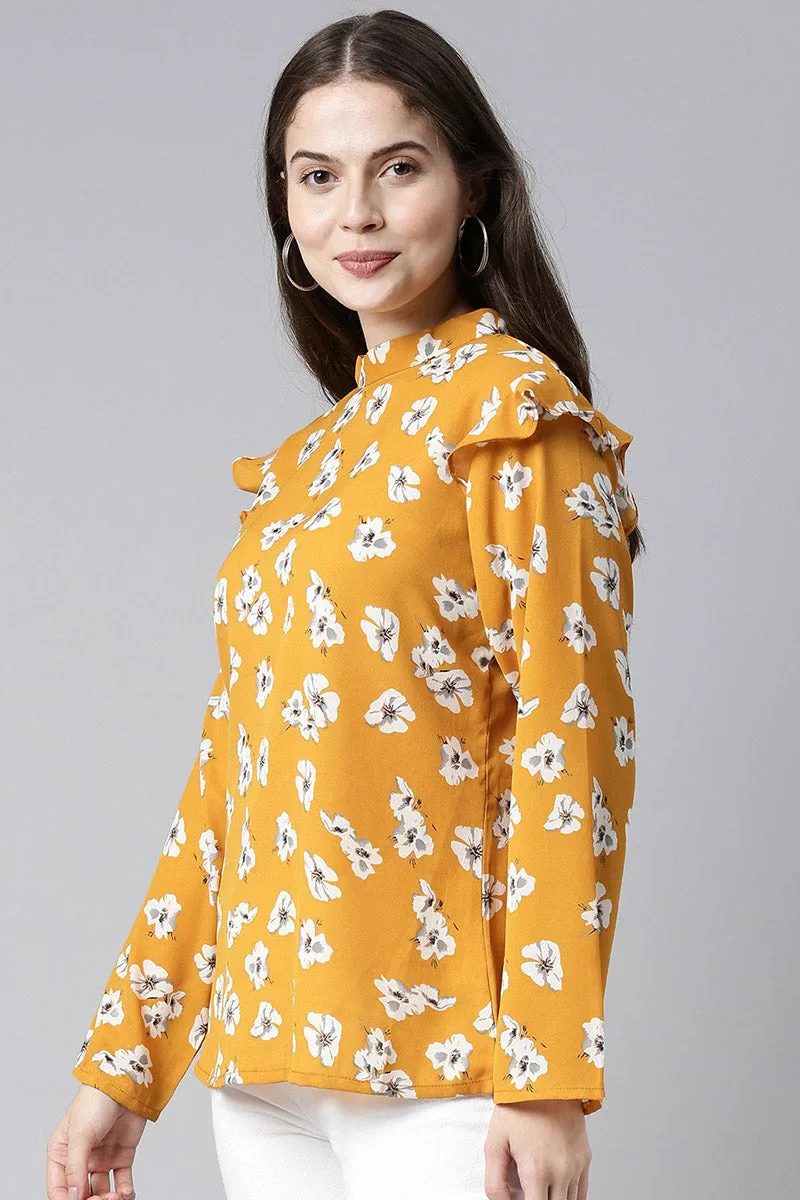Mustard Georgette Floral Printed Regular Top