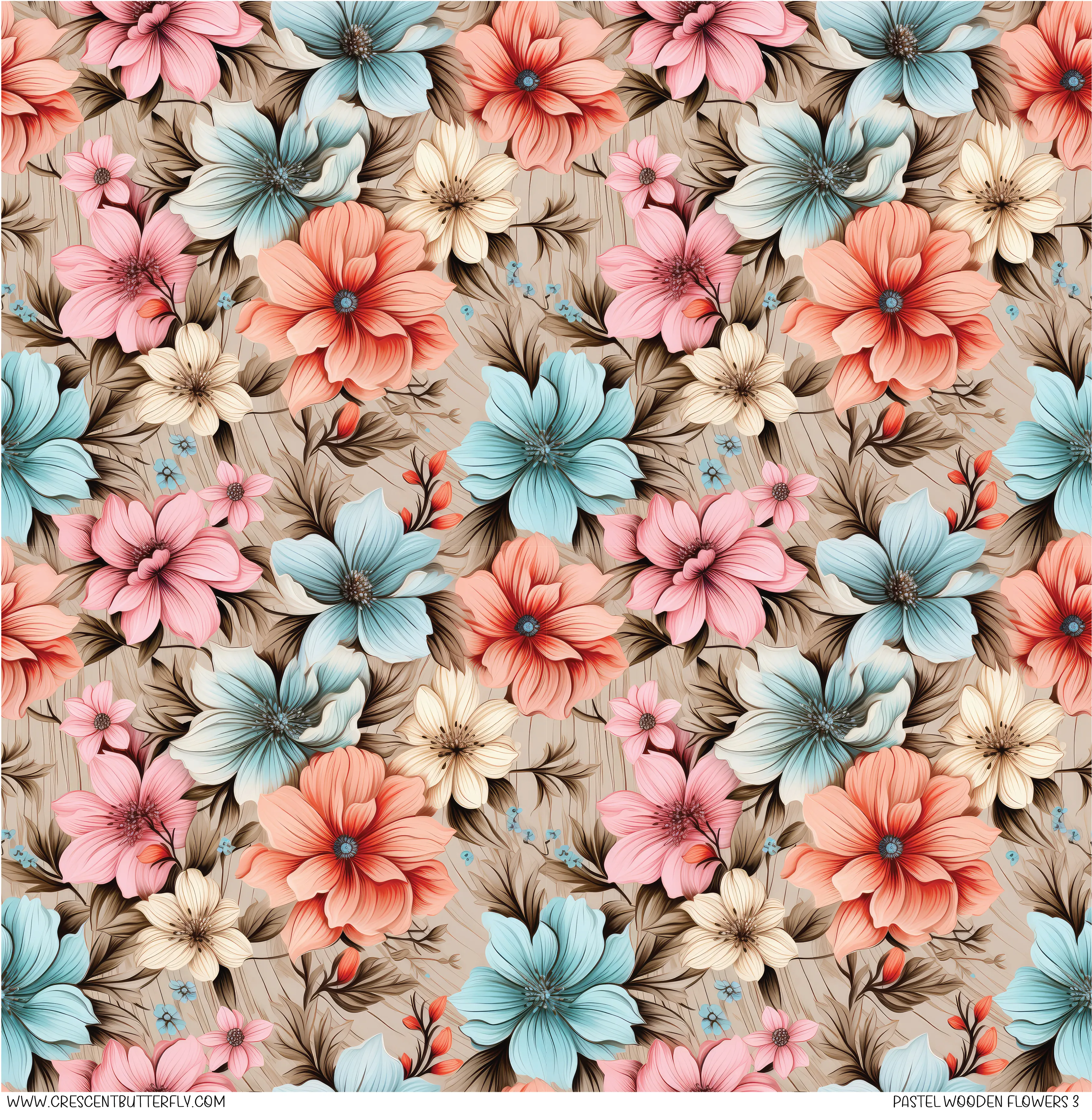 Pastel Wooden Flowers 3 Pattern Vinyl Sheet/Wrap
